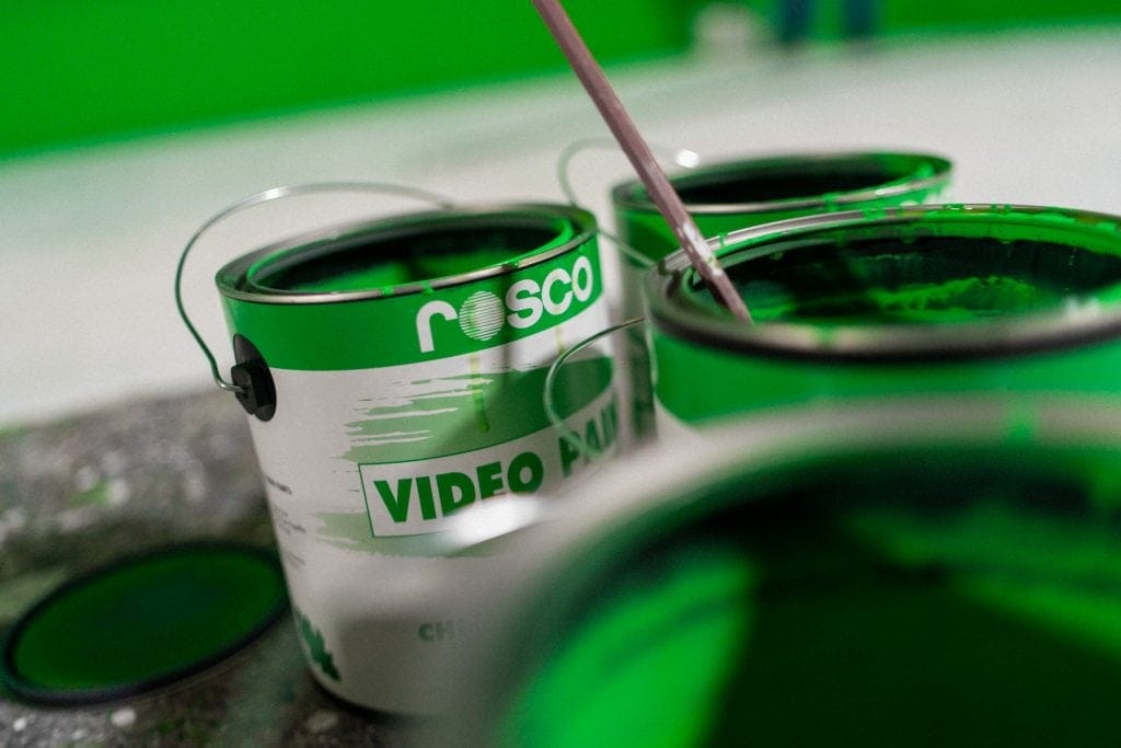 Detail of paint buckets for the green screen